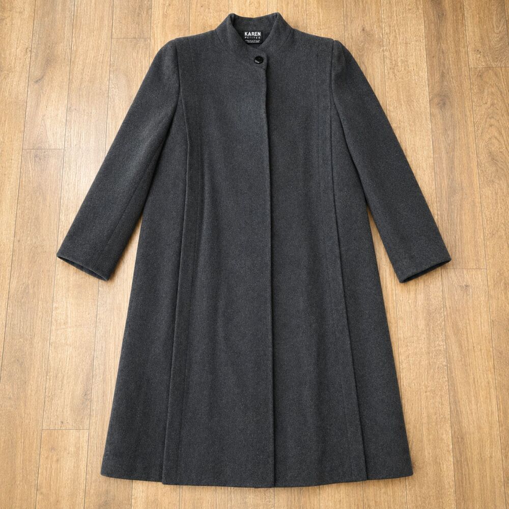Vintage Karen Petites Gray Wool Cashmere Long Coat USA Women's Petite 45"